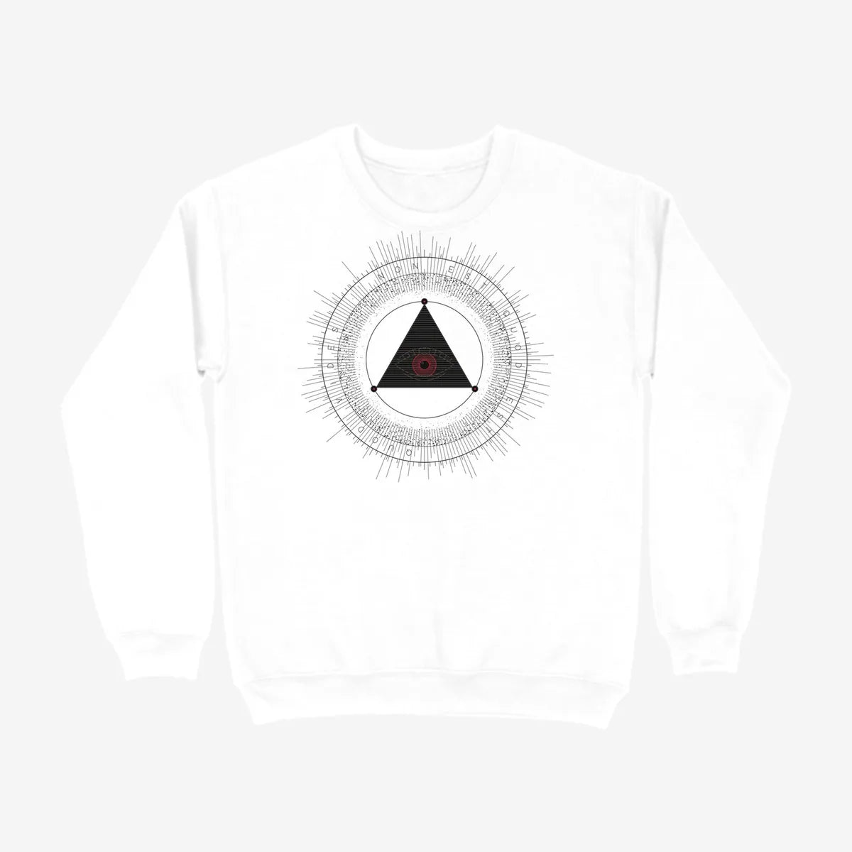 Oztra The Oracle white sweatshirt, front view showing the The Oracle print