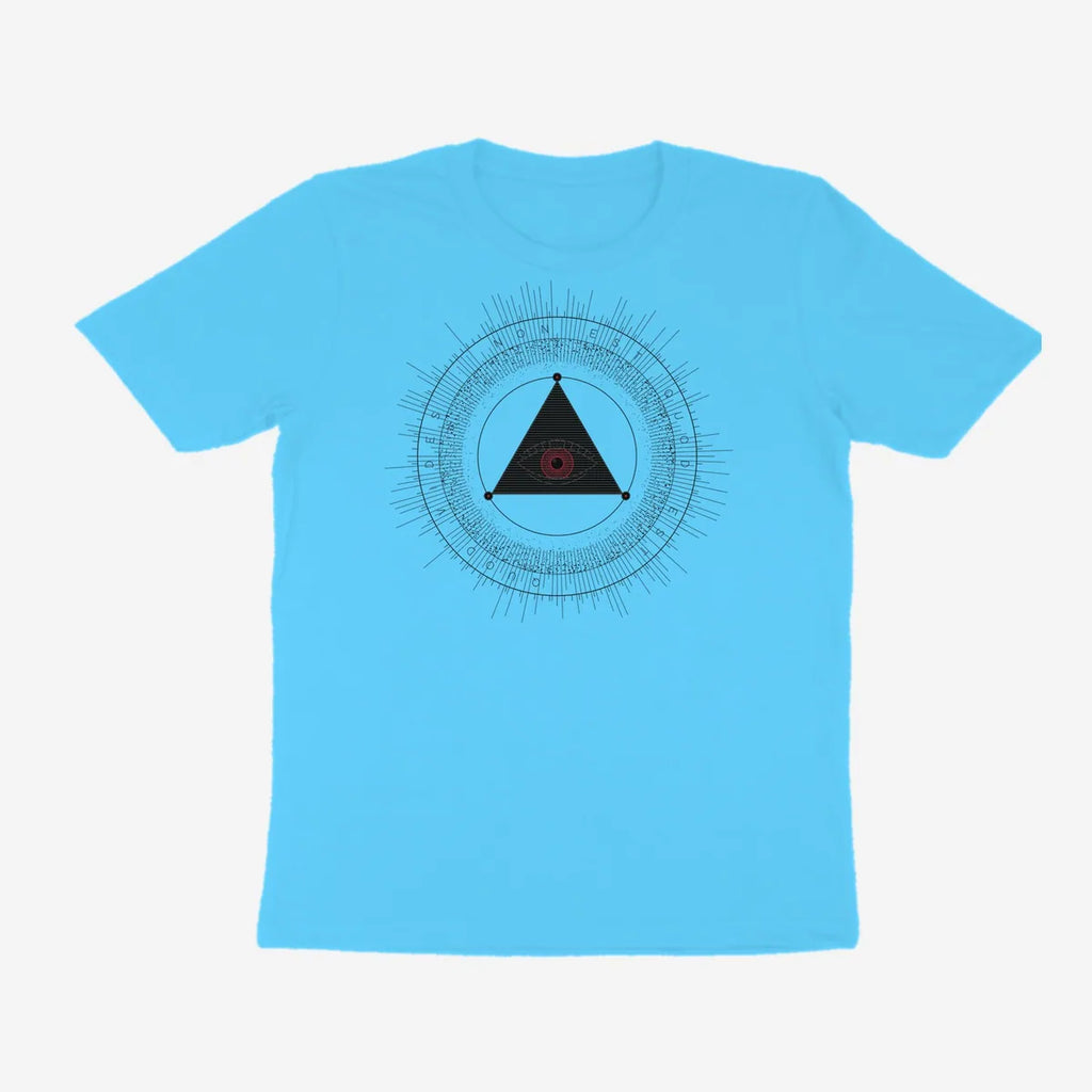 Oztra The Oracle aqua blue tee, front view showing the The Oracle print