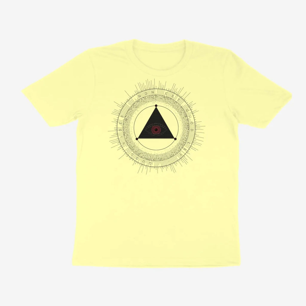 Oztra The Oracle butter yellow tee, front view showing the The Oracle print