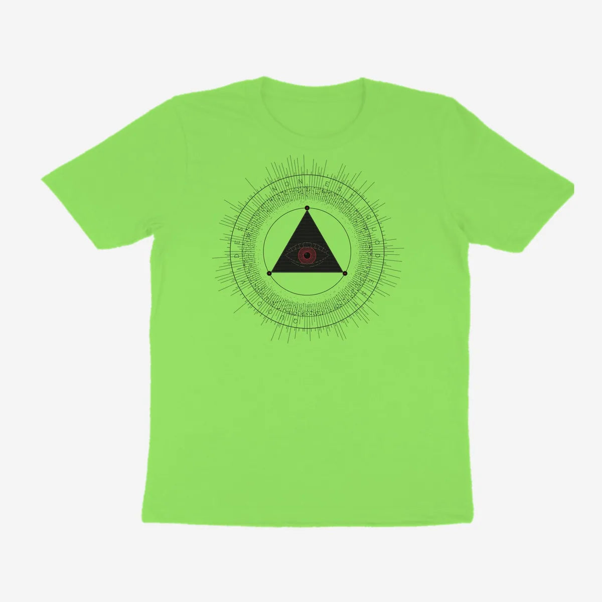 Oztra The Oracle lime green tee, front view showing the The Oracle print