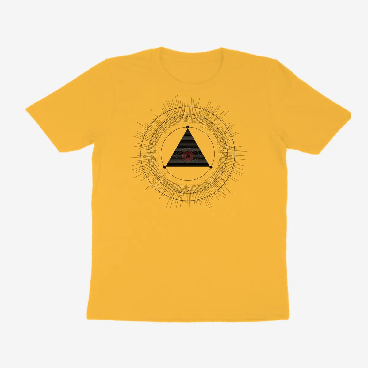 Oztra The Oracle mustard tee, front view showing the The Oracle print