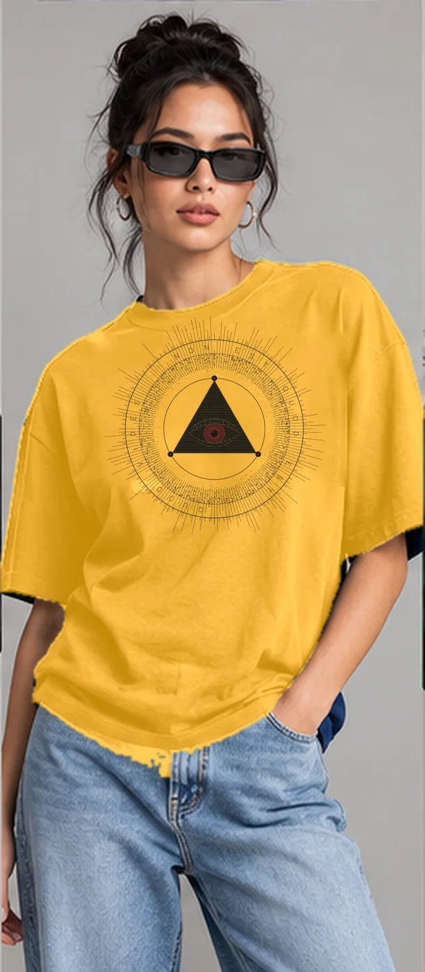 Model wearing the Oztra The Oracle tee in mustard
