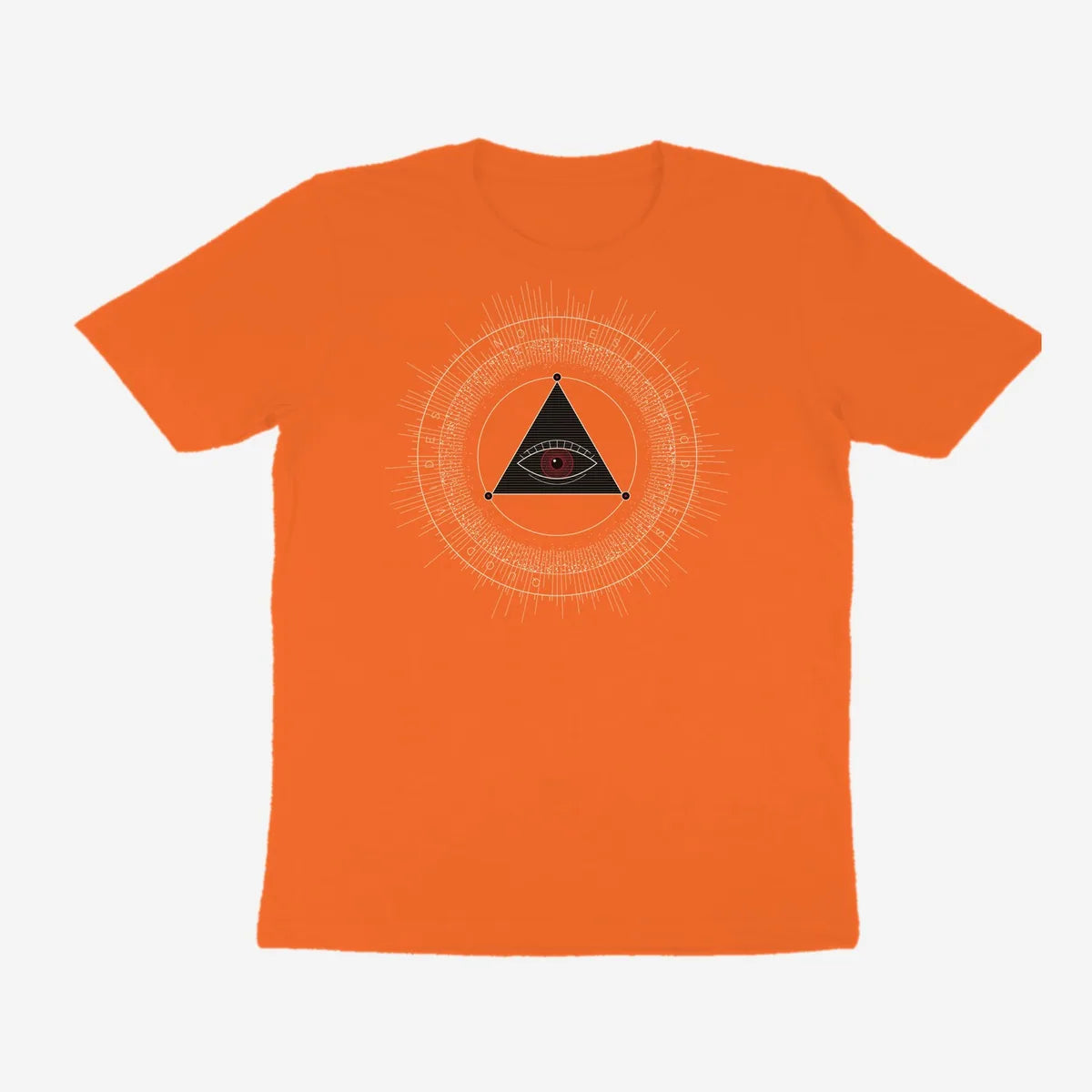 Oztra The Oracle orange tee, front view showing the The Oracle print