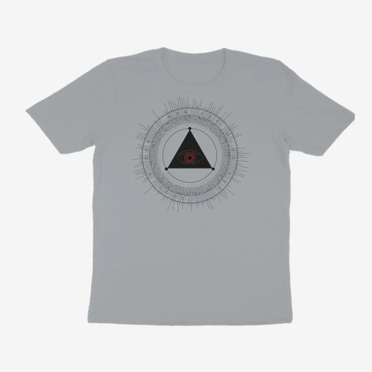 Oztra The Oracle silver grey tee, front view showing the The Oracle print