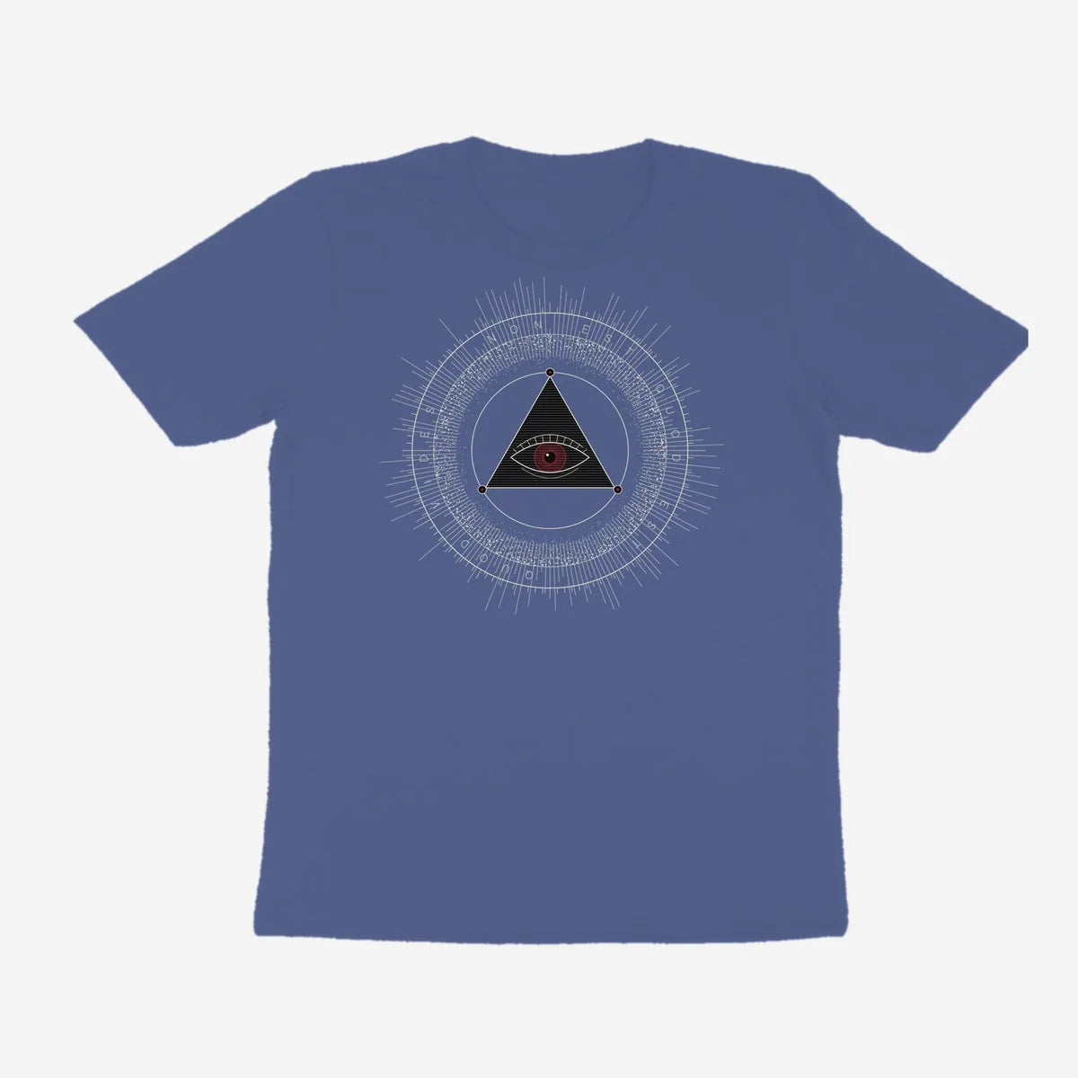 Oztra The Oracle slate blue tee, front view showing the The Oracle print