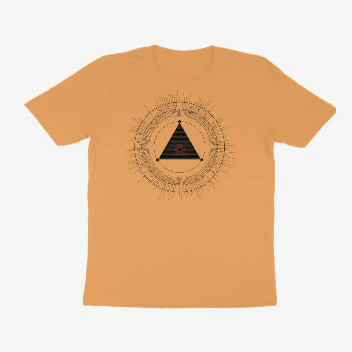Oztra The Oracle tan tee, front view showing the The Oracle print