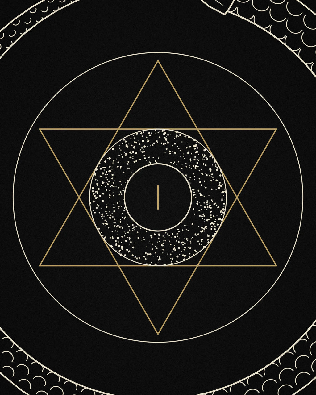 Close-up detail of the Oztra Ouroboros linework showing bone scales with a muted-gold hexagram