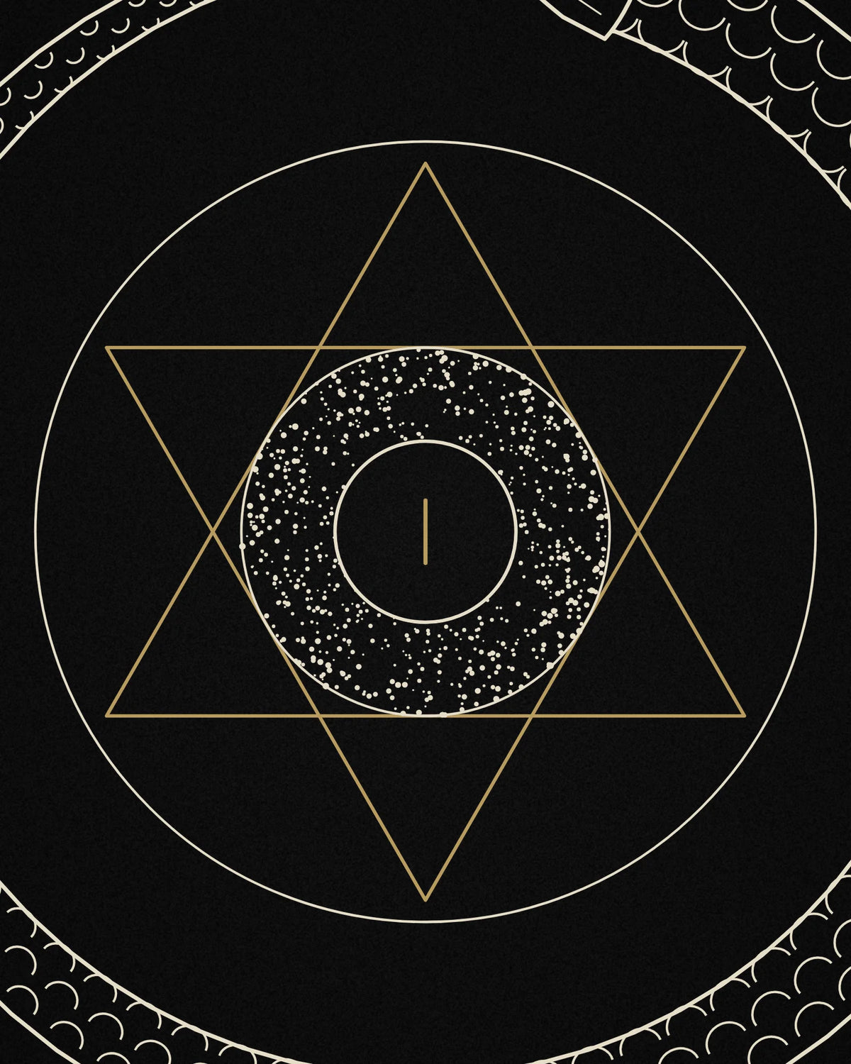Close-up detail of the Oztra Ouroboros linework showing bone scales with a muted-gold hexagram