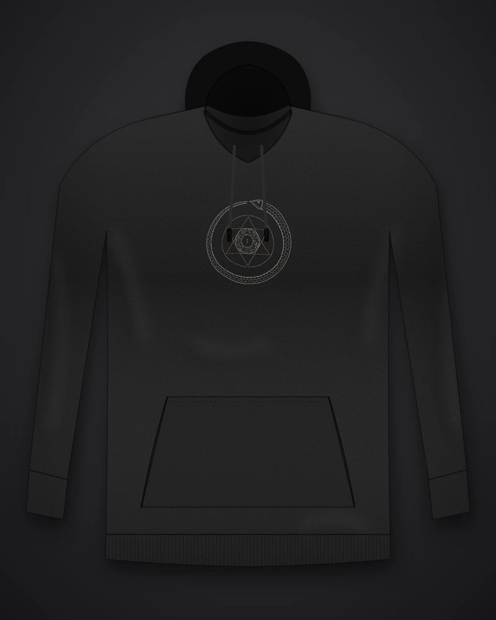 Oztra Ouroboros black hoodie, front view showing the Ouroboros print