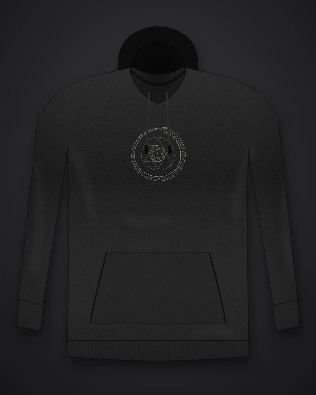 Oztra Ouroboros black hoodie, front view showing the Ouroboros print