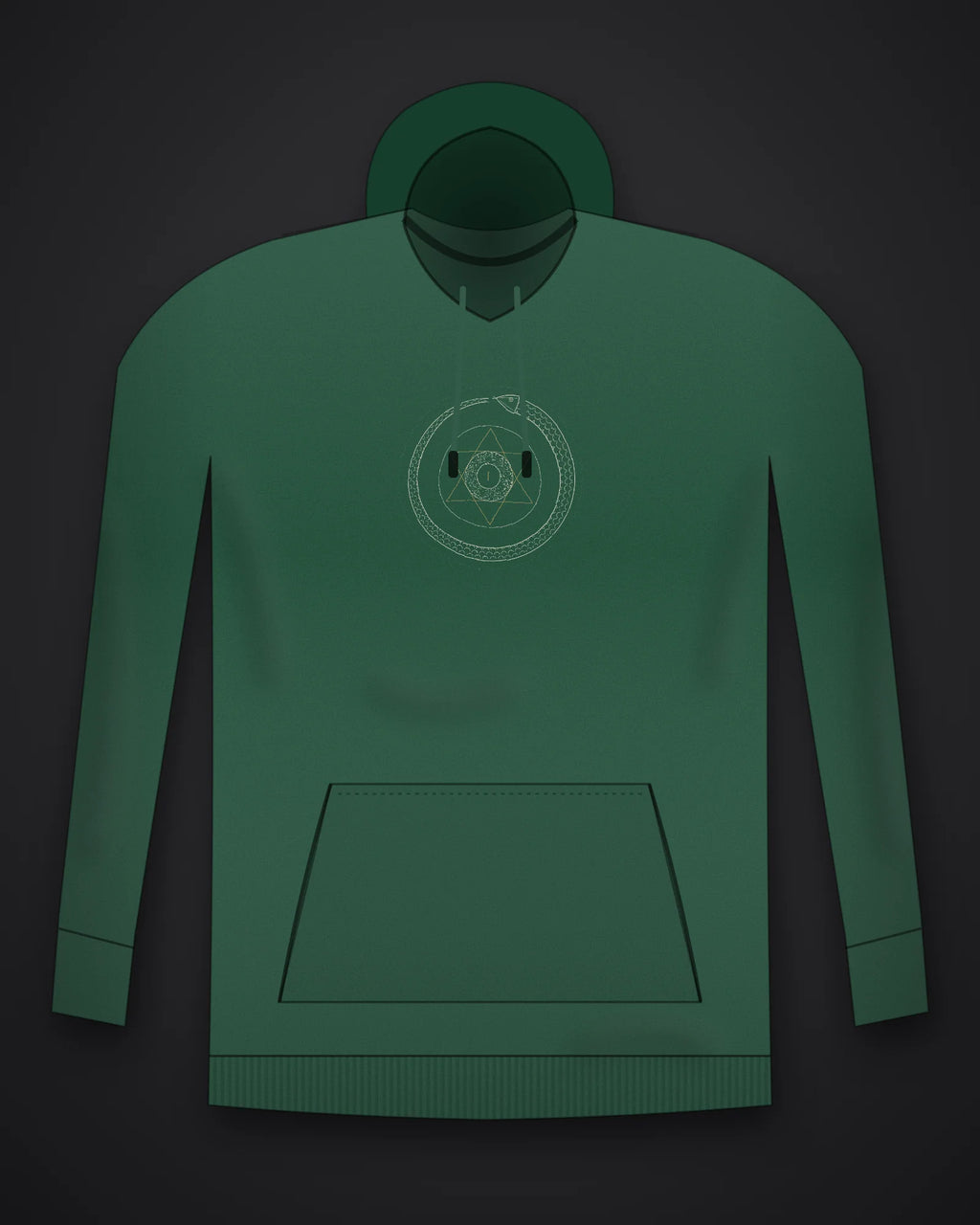 Oztra Ouroboros bottle green hoodie, front view showing the Ouroboros print