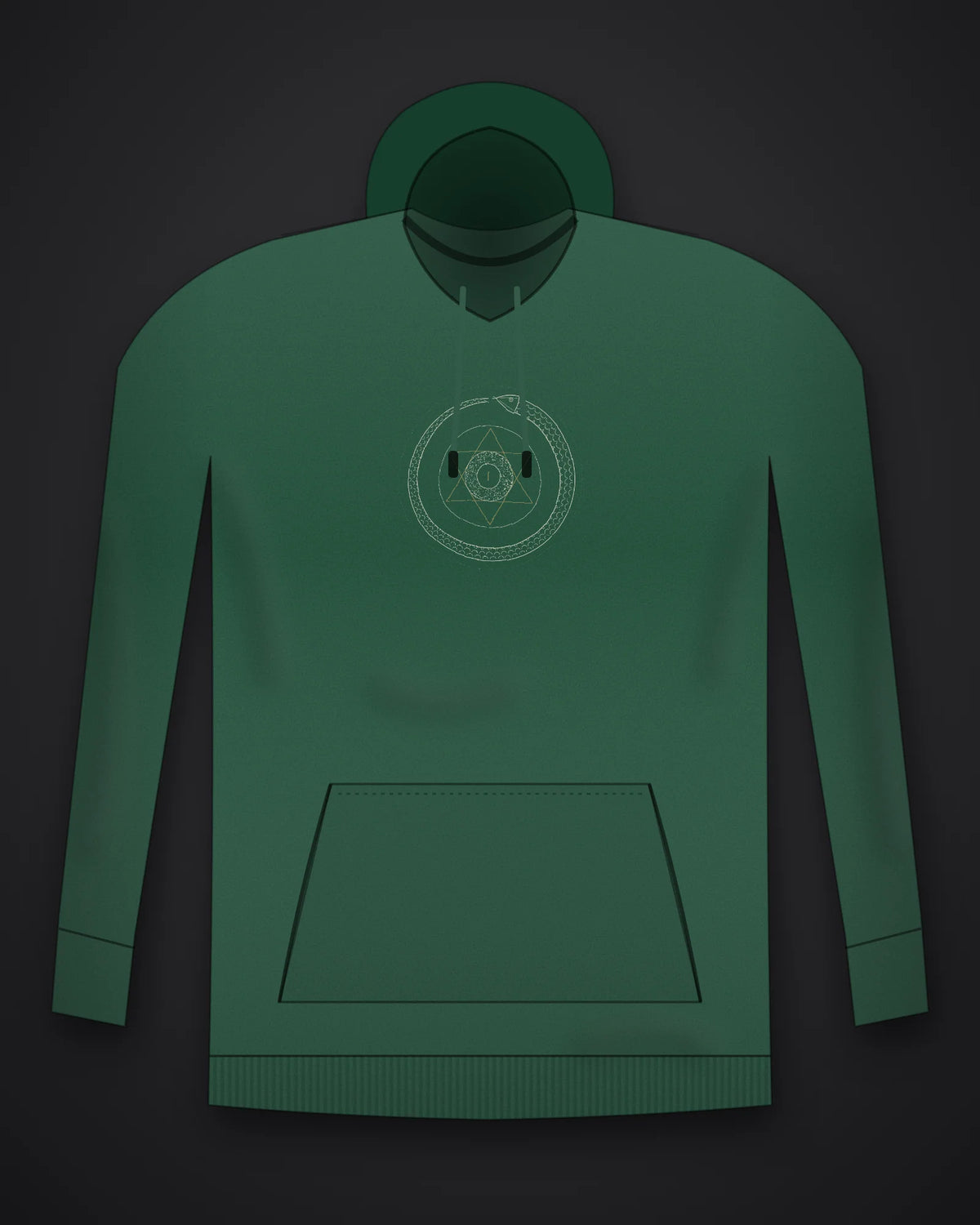 Oztra Ouroboros bottle green hoodie, front view showing the Ouroboros print