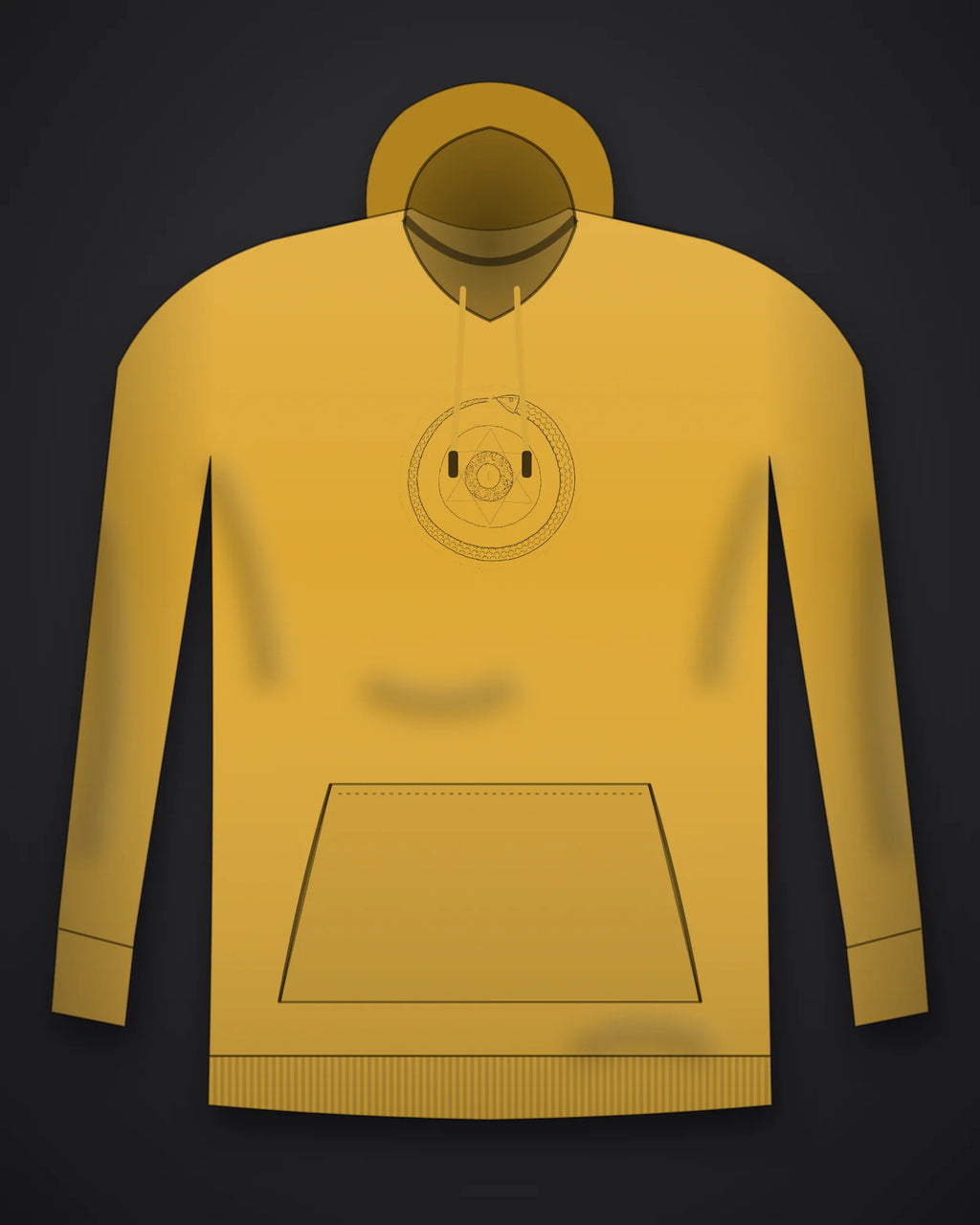 Oztra Ouroboros mustard hoodie, front view showing the Ouroboros print