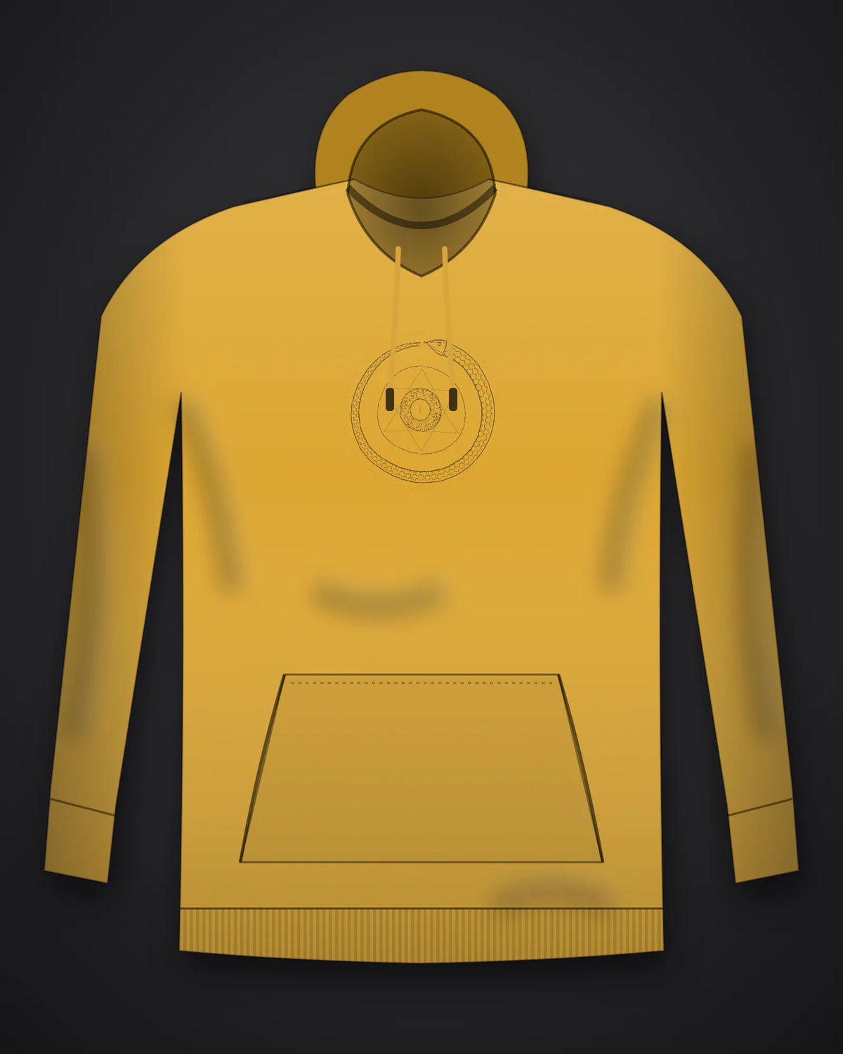 Oztra Ouroboros mustard hoodie, front view showing the Ouroboros print