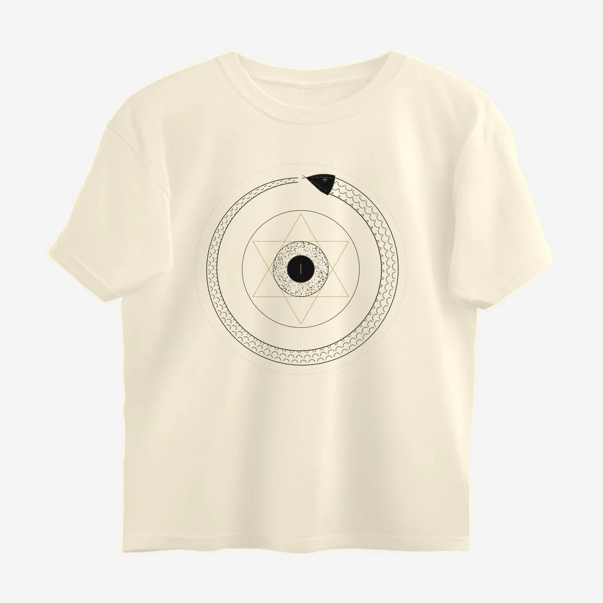 Oztra Ouroboros beige oversized tee, front view showing the Ouroboros print