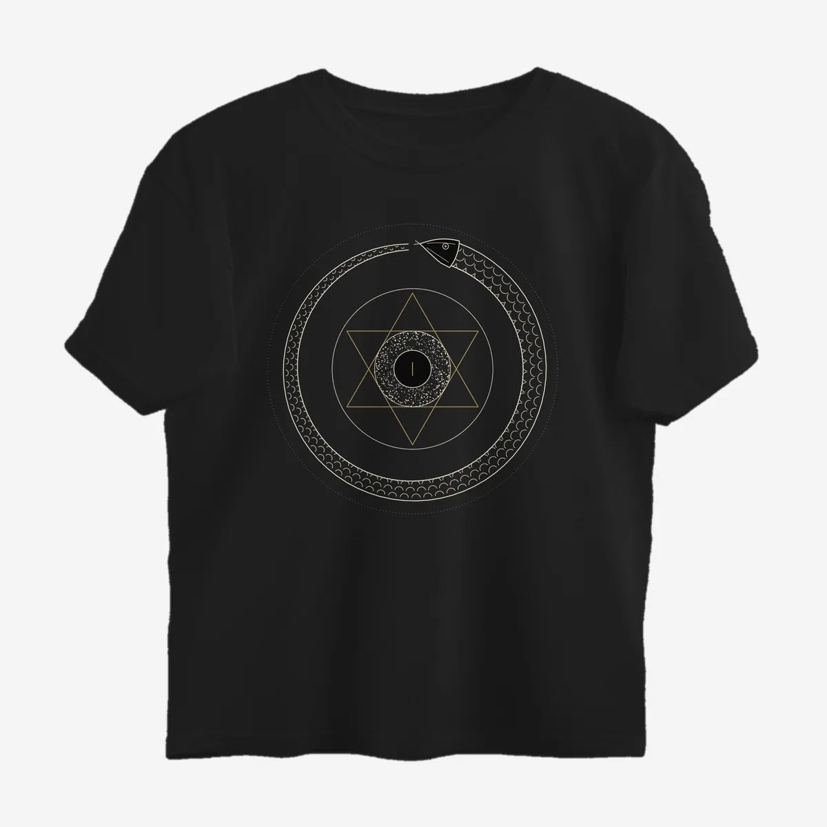 Oztra Ouroboros black oversized tee, front view showing the Ouroboros print