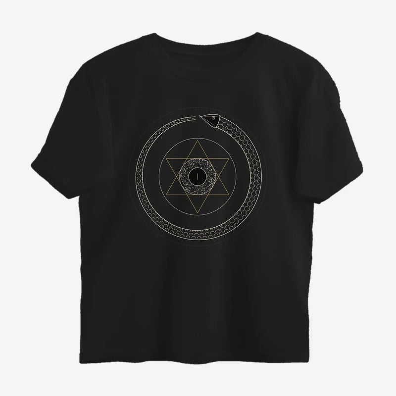 Oztra Ouroboros black oversized tee, front view showing the Ouroboros print