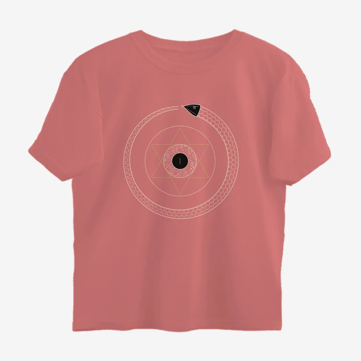 Oztra Ouroboros dusty rose oversized tee, front view showing the Ouroboros print