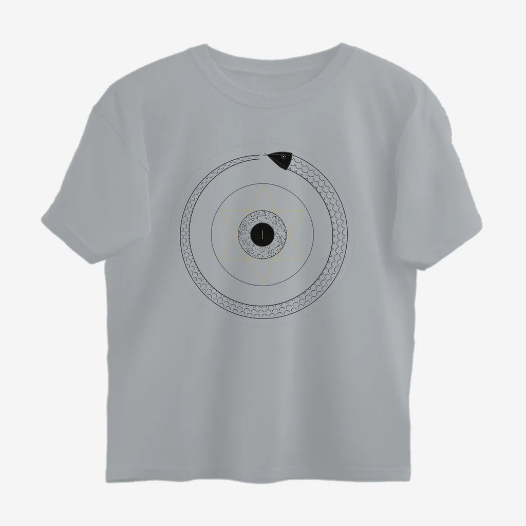 Oztra Ouroboros grey melange oversized tee, front view showing the Ouroboros print