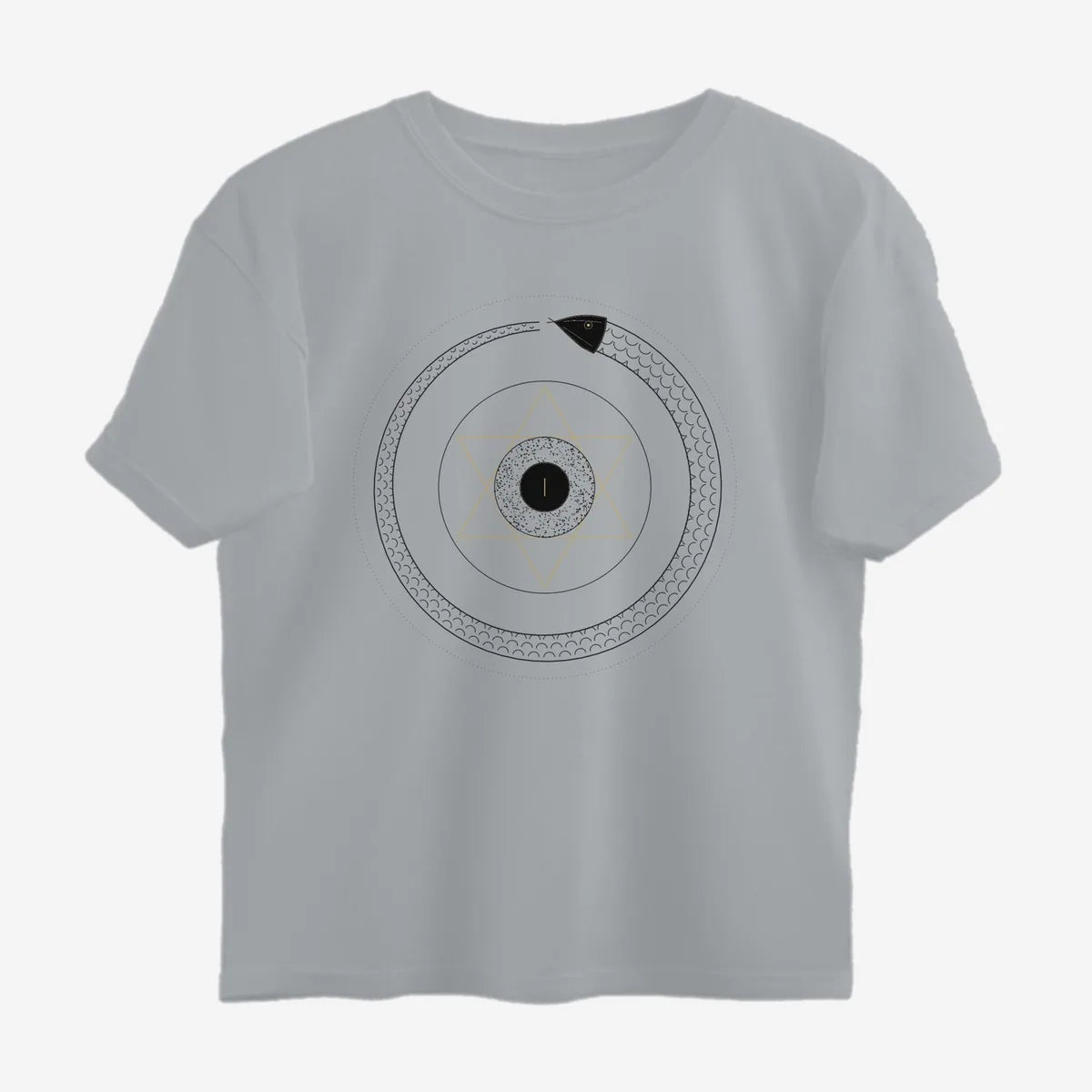 Oztra Ouroboros grey melange oversized tee, front view showing the Ouroboros print
