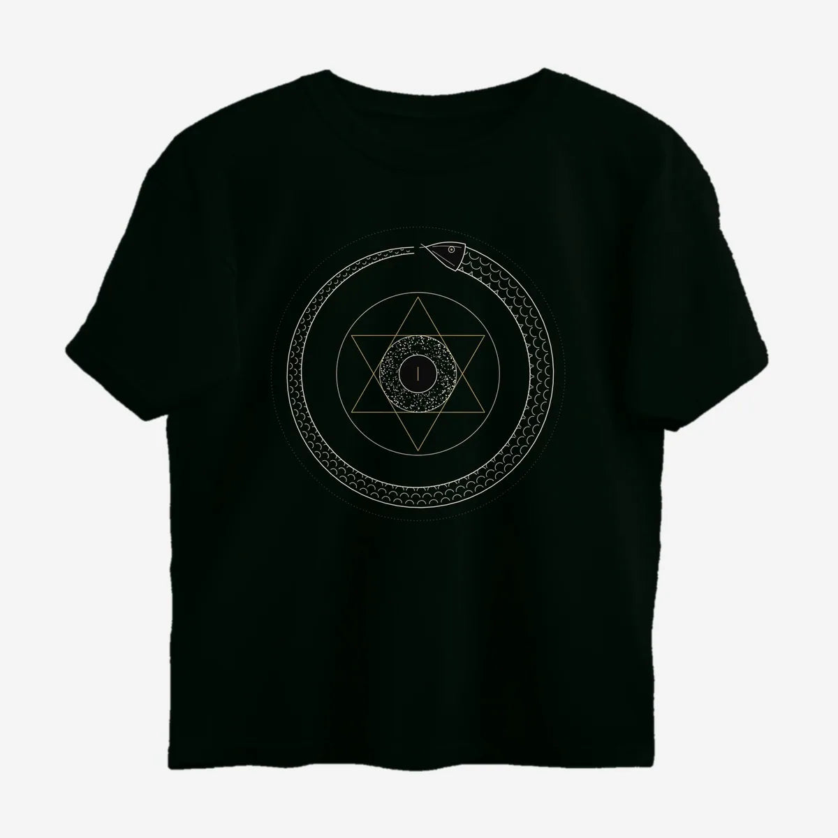 Oztra Ouroboros jet black oversized tee, front view showing the Ouroboros print