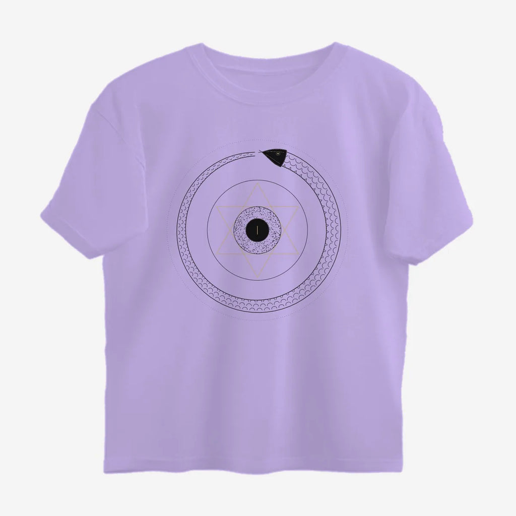 Oztra Ouroboros lavender oversized tee, front view showing the Ouroboros print