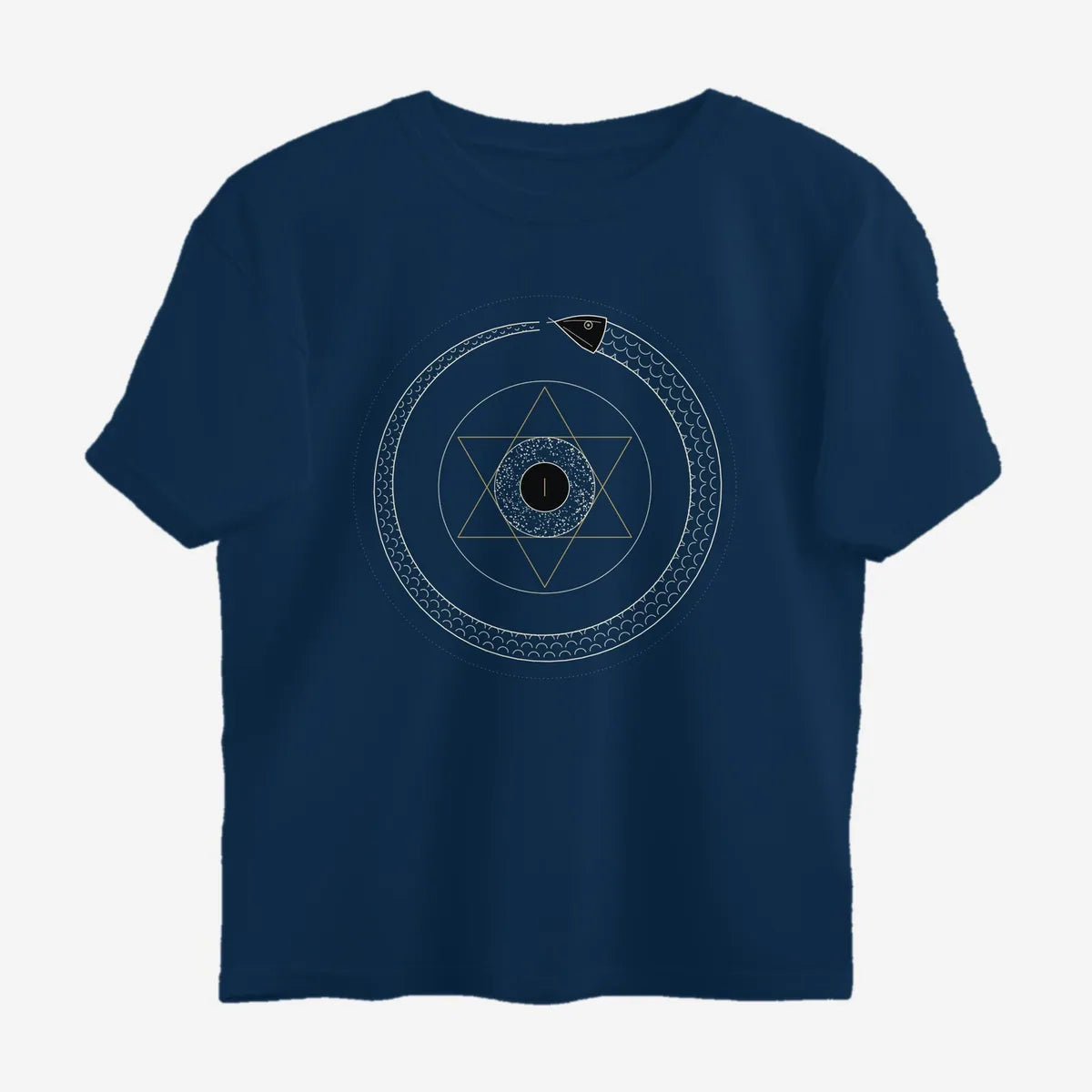 Oztra Ouroboros navy oversized tee, front view showing the Ouroboros print