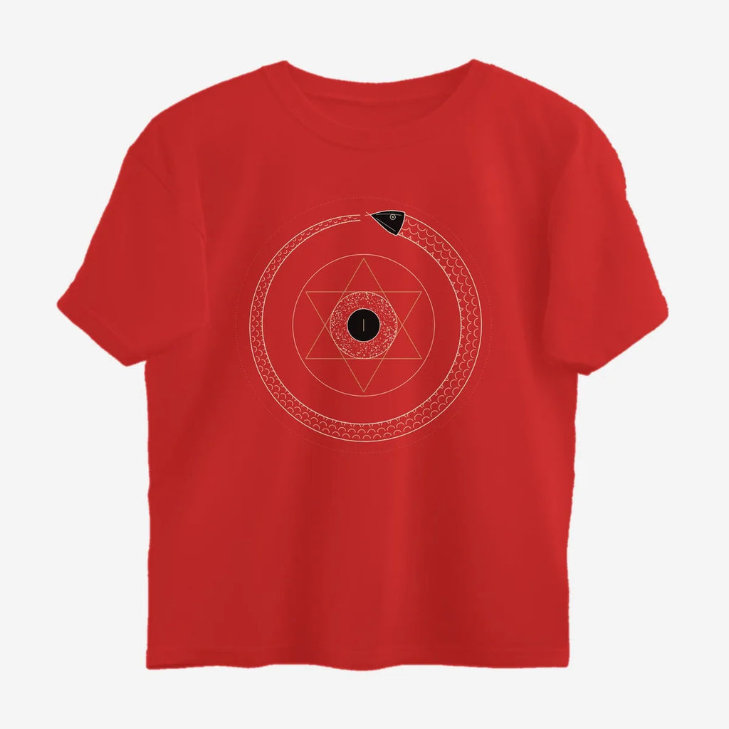 Oztra Ouroboros red oversized tee, front view showing the Ouroboros print