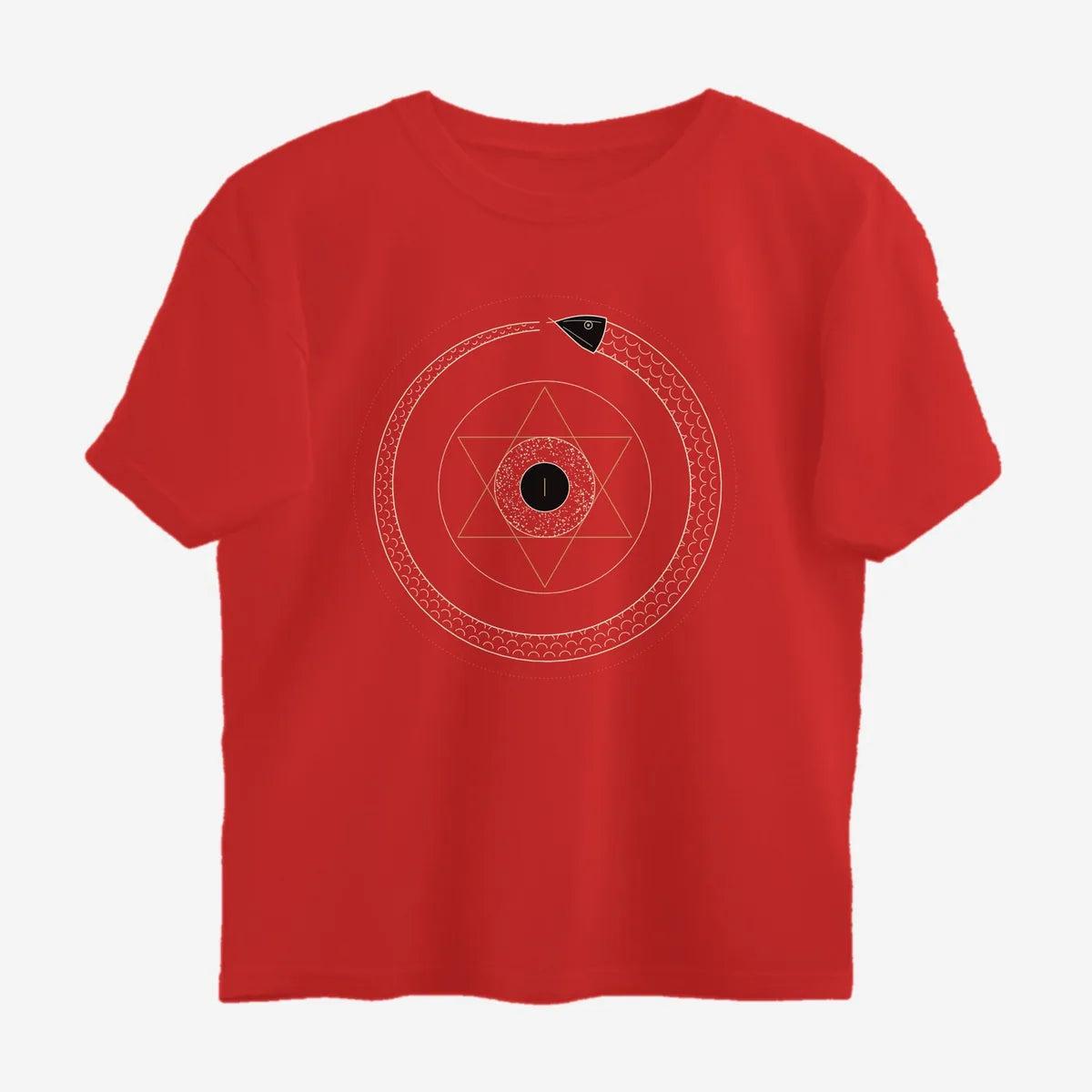 Oztra Ouroboros red oversized tee, front view showing the Ouroboros print