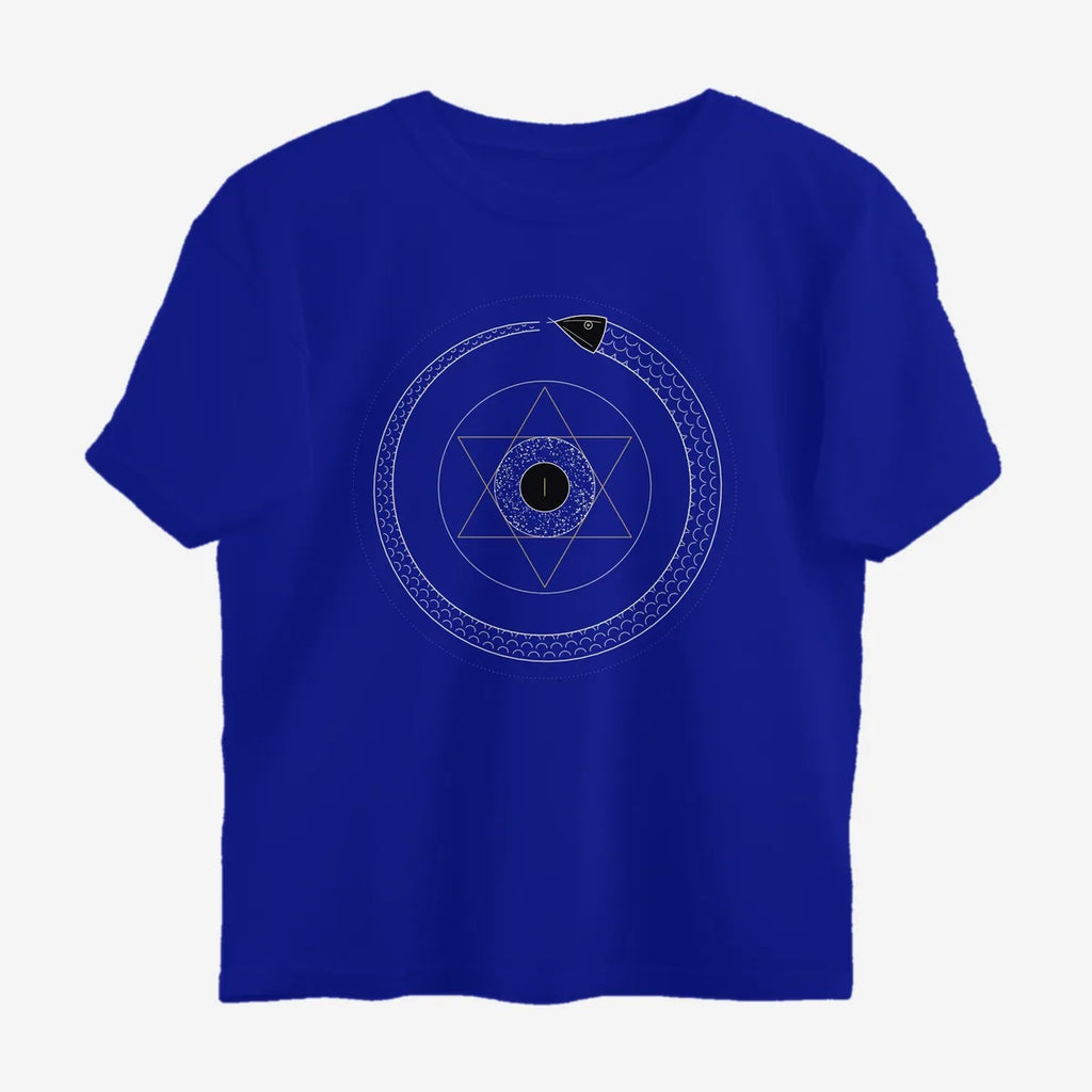 Oztra Ouroboros royal blue oversized tee, front view showing the Ouroboros print