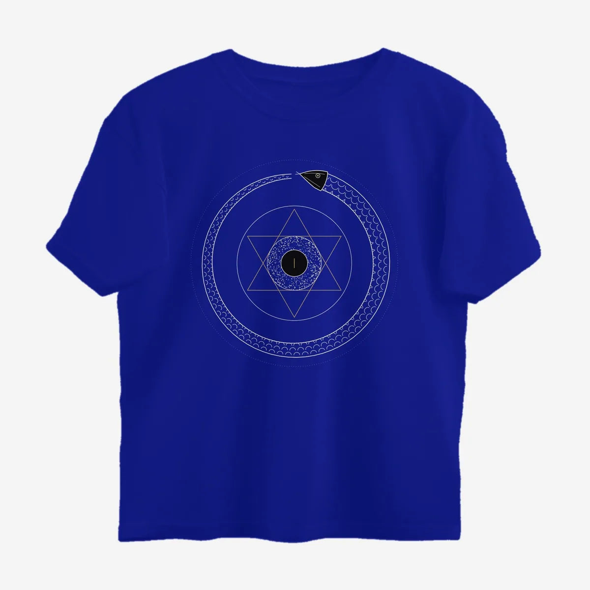 Oztra Ouroboros royal blue oversized tee, front view showing the Ouroboros print