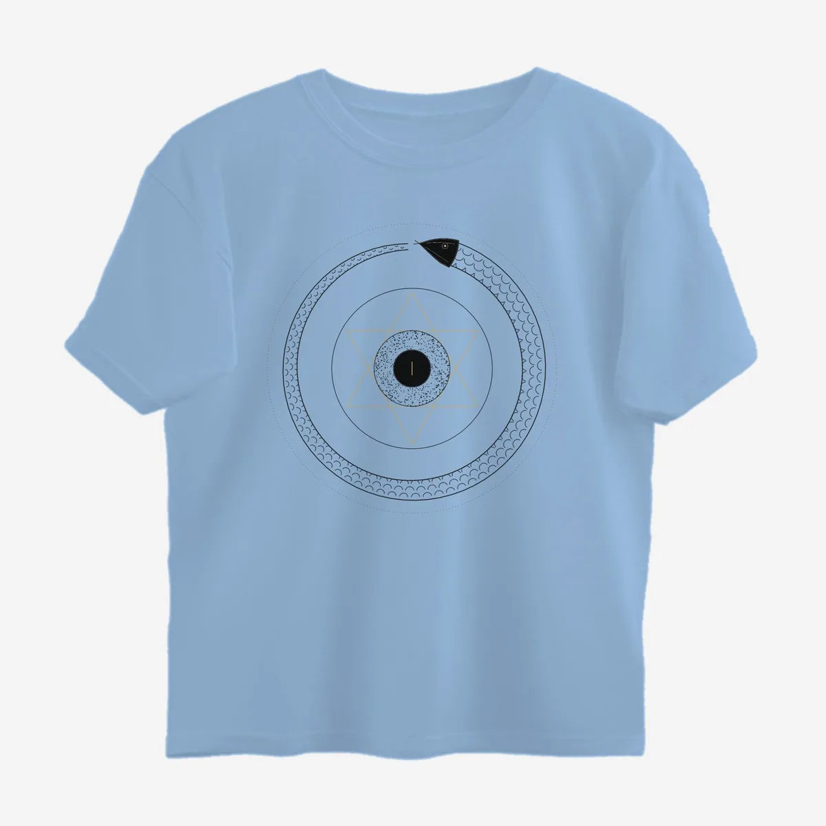 Oztra Ouroboros sky blue oversized tee, front view showing the Ouroboros print