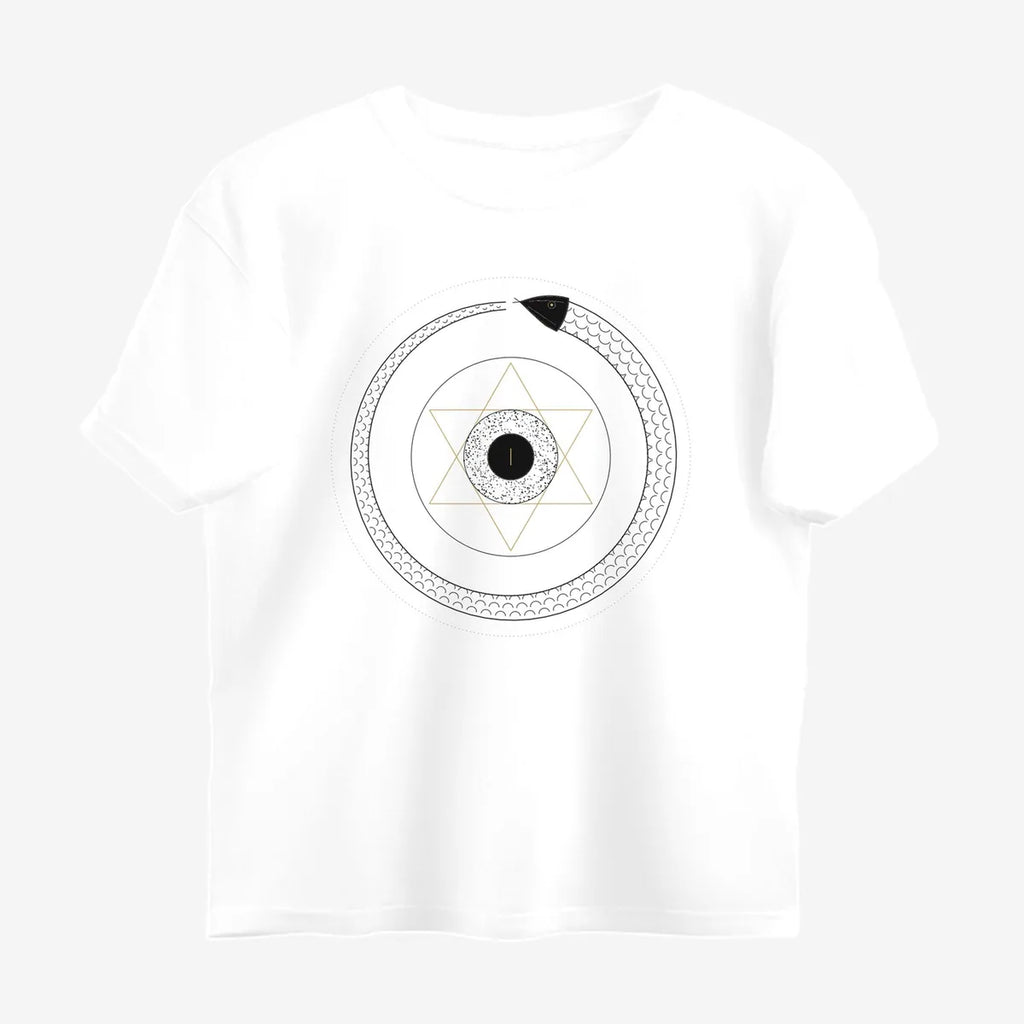 Oztra Ouroboros white oversized tee, front view showing the Ouroboros print