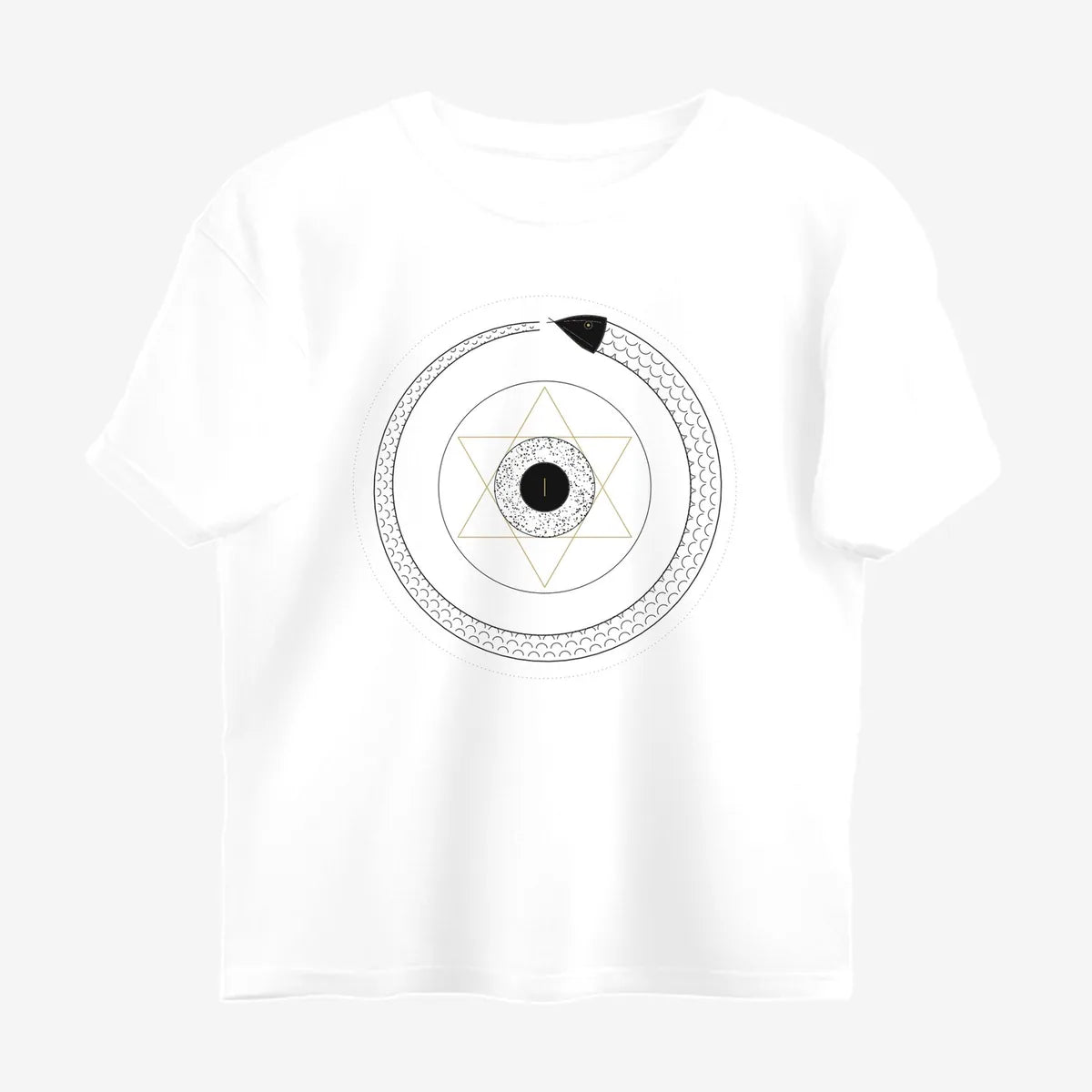 Oztra Ouroboros white oversized tee, front view showing the Ouroboros print