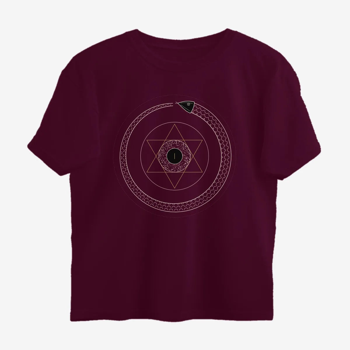 Oztra Ouroboros wine oversized tee, front view showing the Ouroboros print
