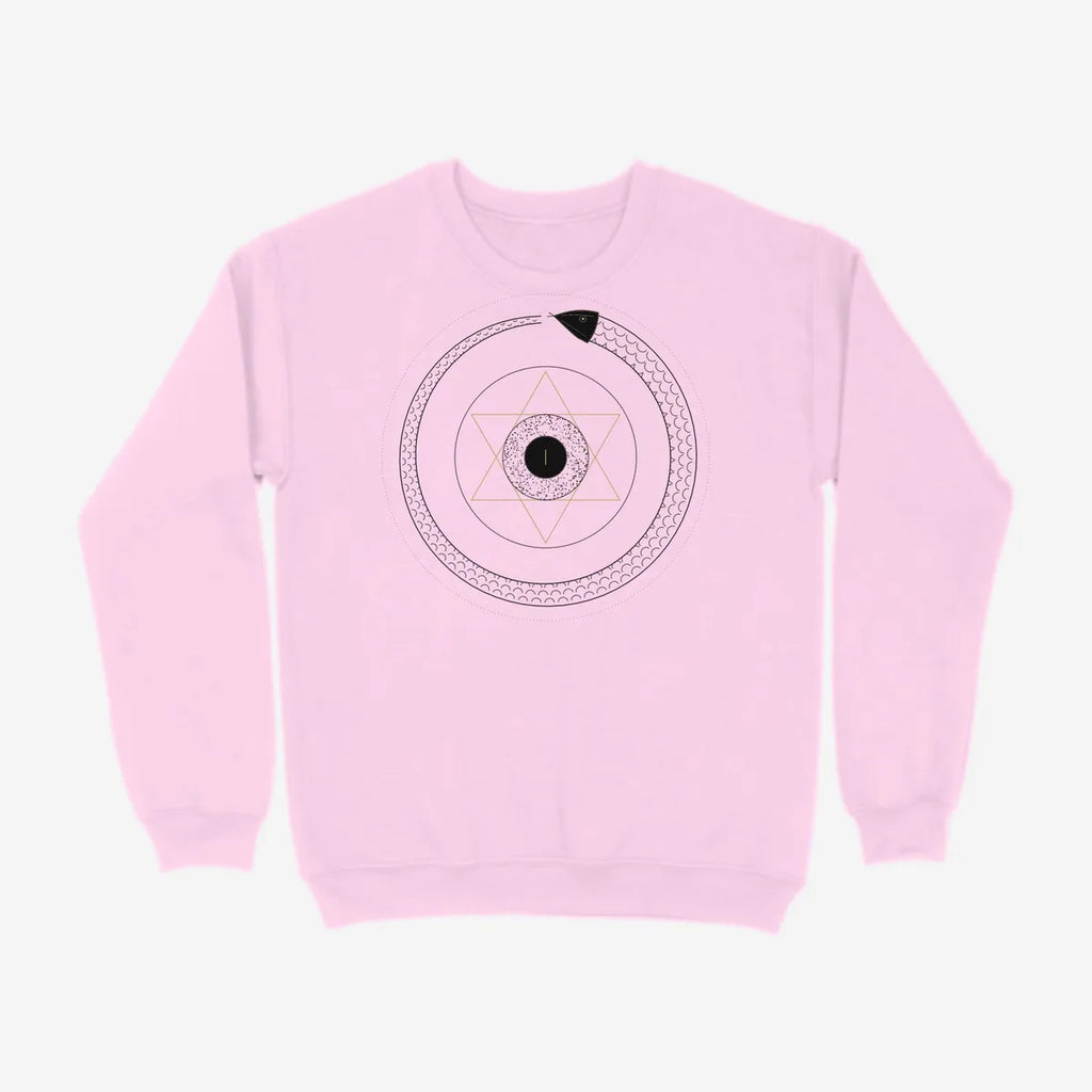 Oztra Ouroboros baby pink sweatshirt, front view showing the Ouroboros print
