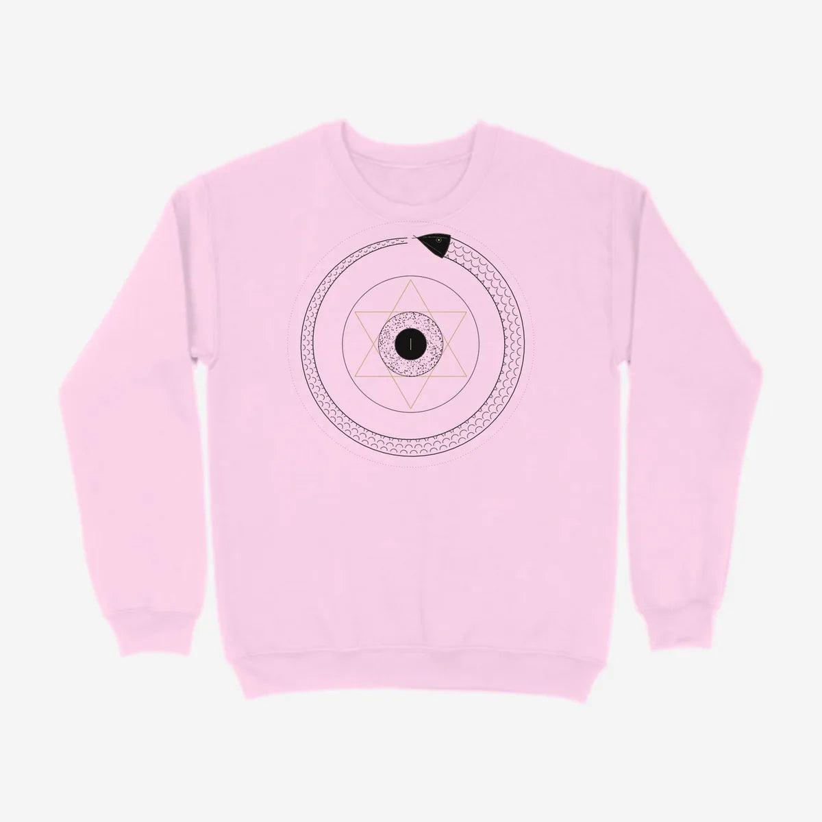 Oztra Ouroboros baby pink sweatshirt, front view showing the Ouroboros print