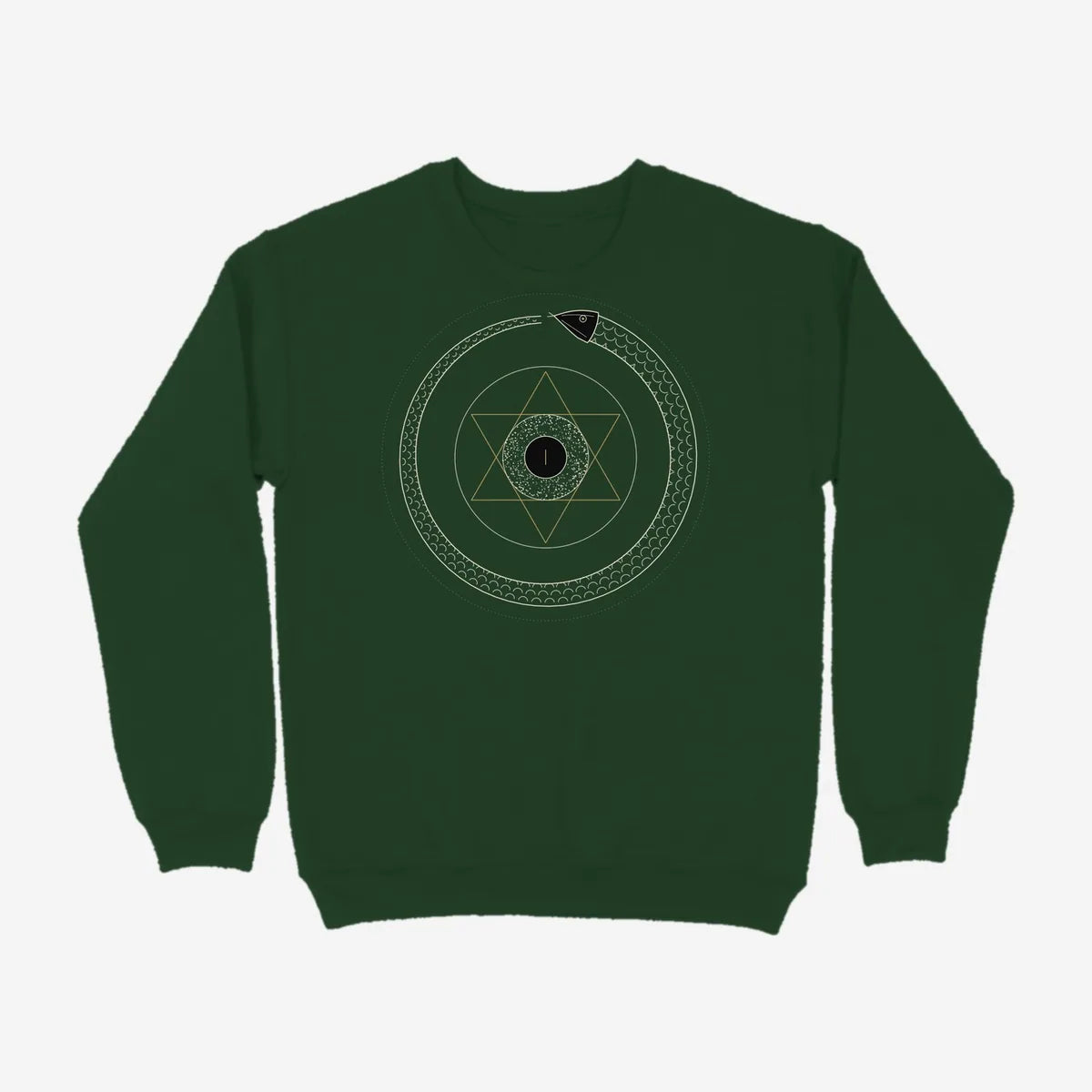 Oztra Ouroboros bottle green sweatshirt, front view showing the Ouroboros print