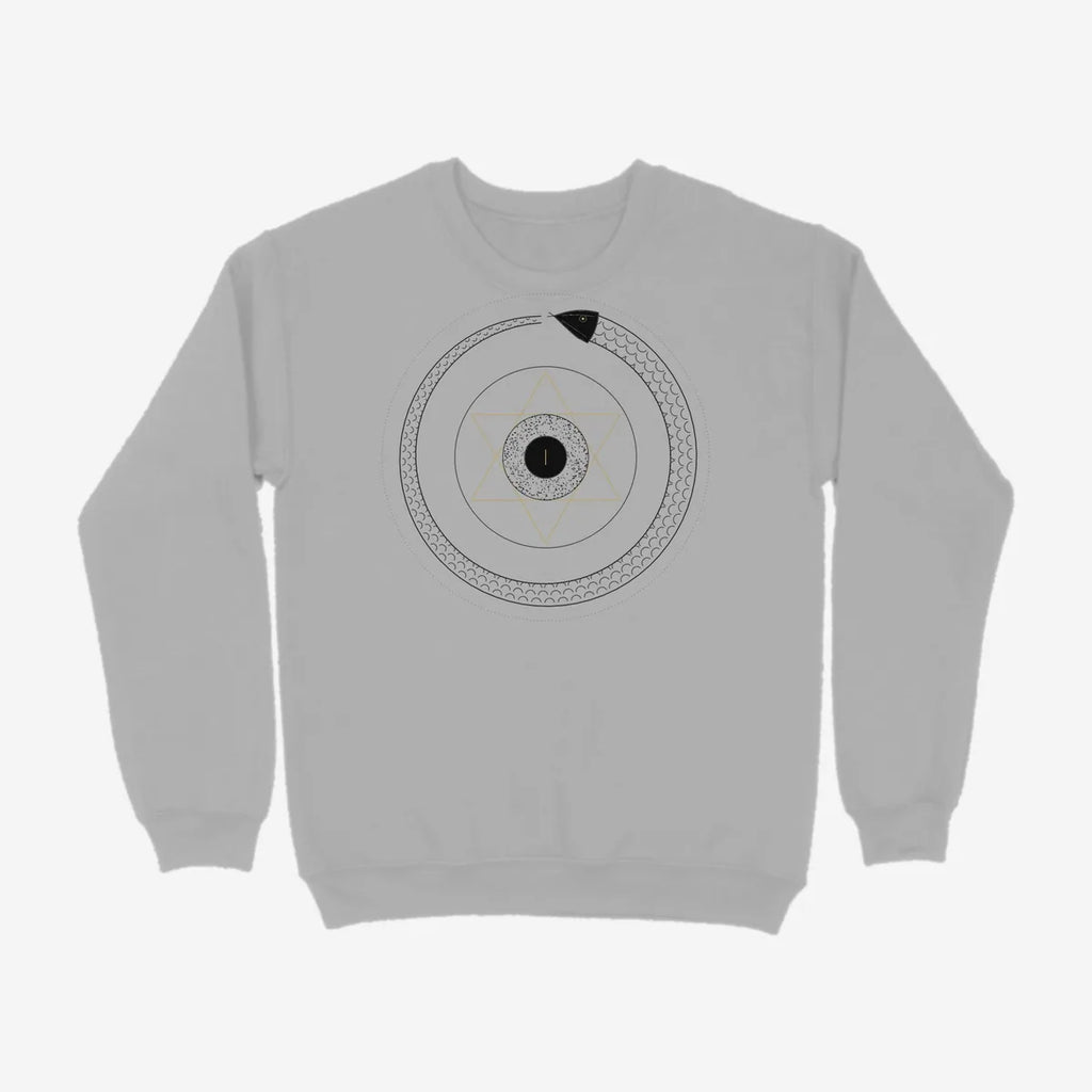 Oztra Ouroboros grey melange sweatshirt, front view showing the Ouroboros print