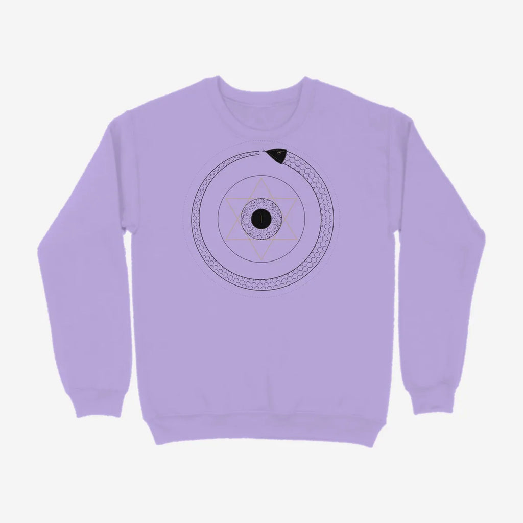 Oztra Ouroboros lavender sweatshirt, front view showing the Ouroboros print
