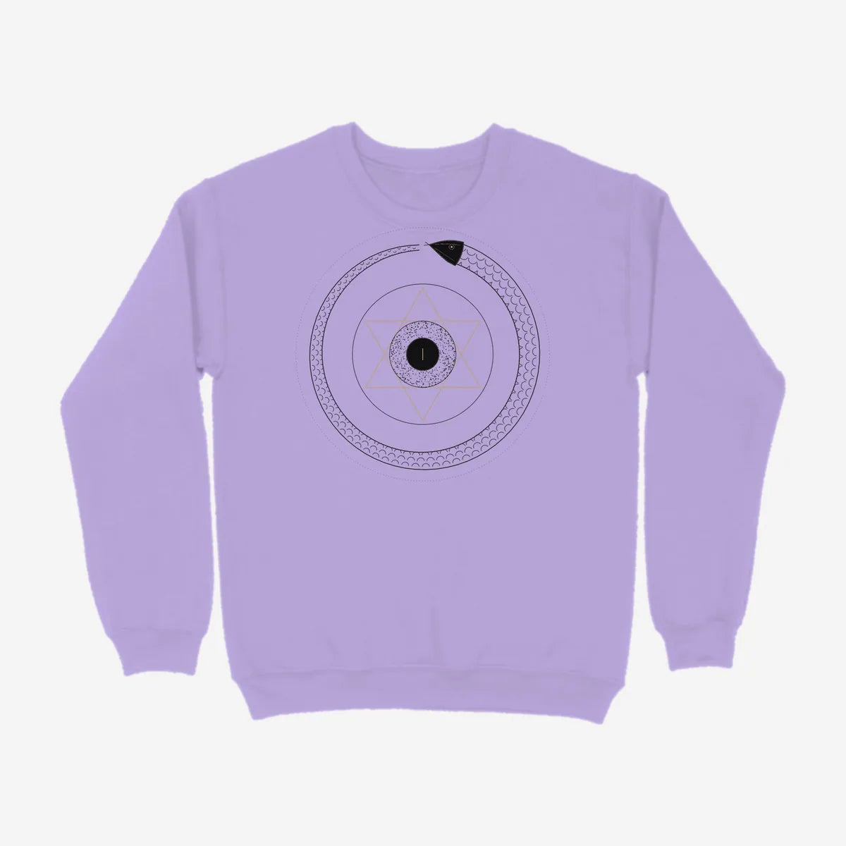 Oztra Ouroboros lavender sweatshirt, front view showing the Ouroboros print