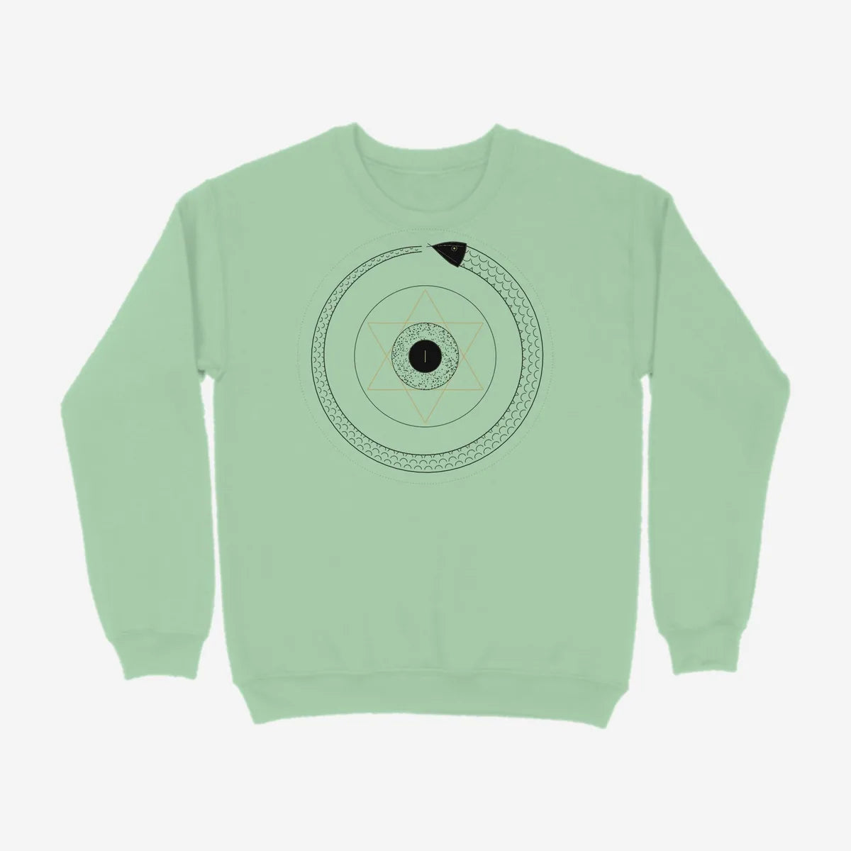 Oztra Ouroboros mint sweatshirt, front view showing the Ouroboros print