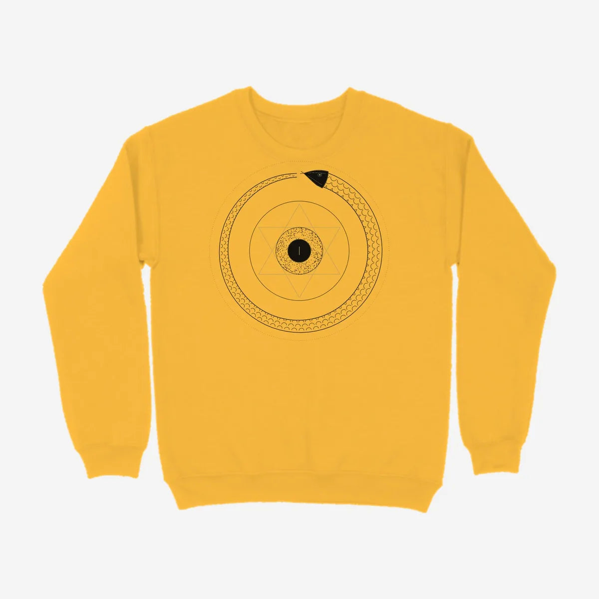 Oztra Ouroboros mustard sweatshirt, front view showing the Ouroboros print