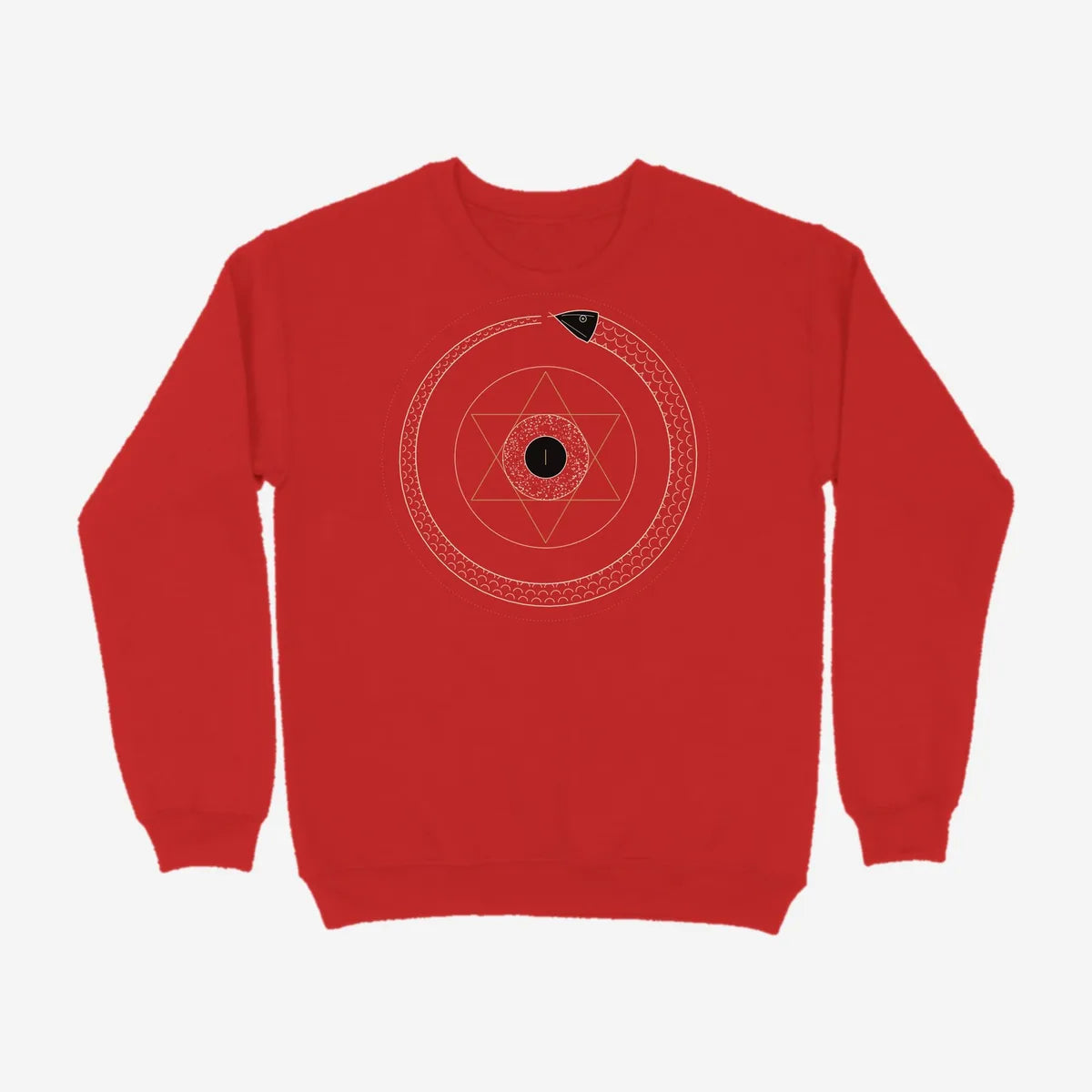 Oztra Ouroboros red sweatshirt, front view showing the Ouroboros print