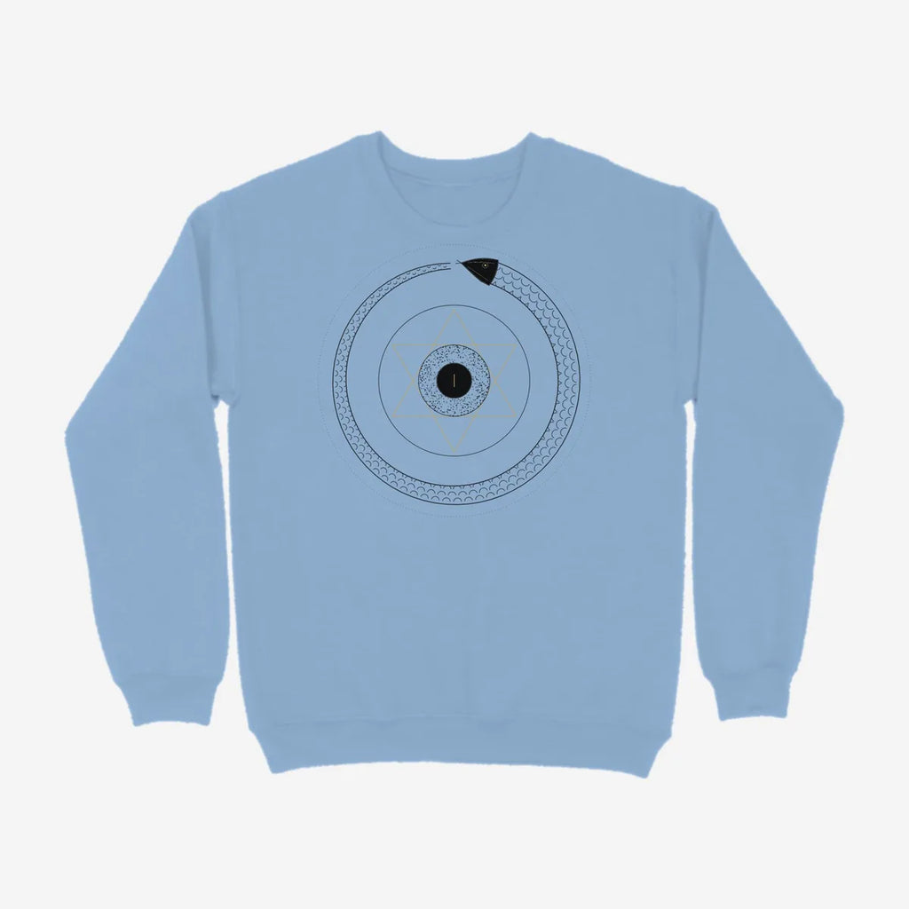 Oztra Ouroboros sky blue sweatshirt, front view showing the Ouroboros print