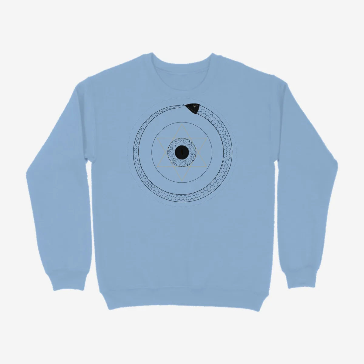 Oztra Ouroboros sky blue sweatshirt, front view showing the Ouroboros print