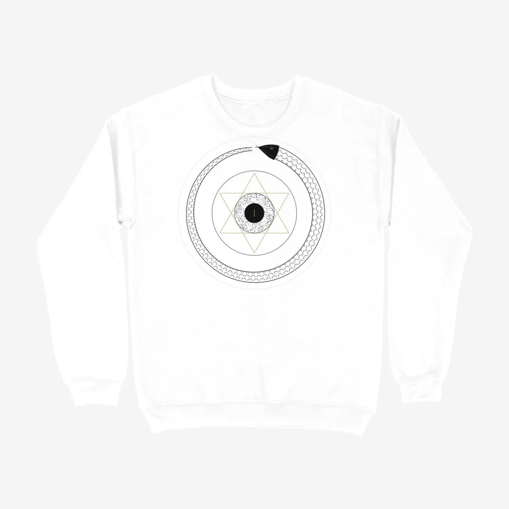 Oztra Ouroboros white sweatshirt, front view showing the Ouroboros print