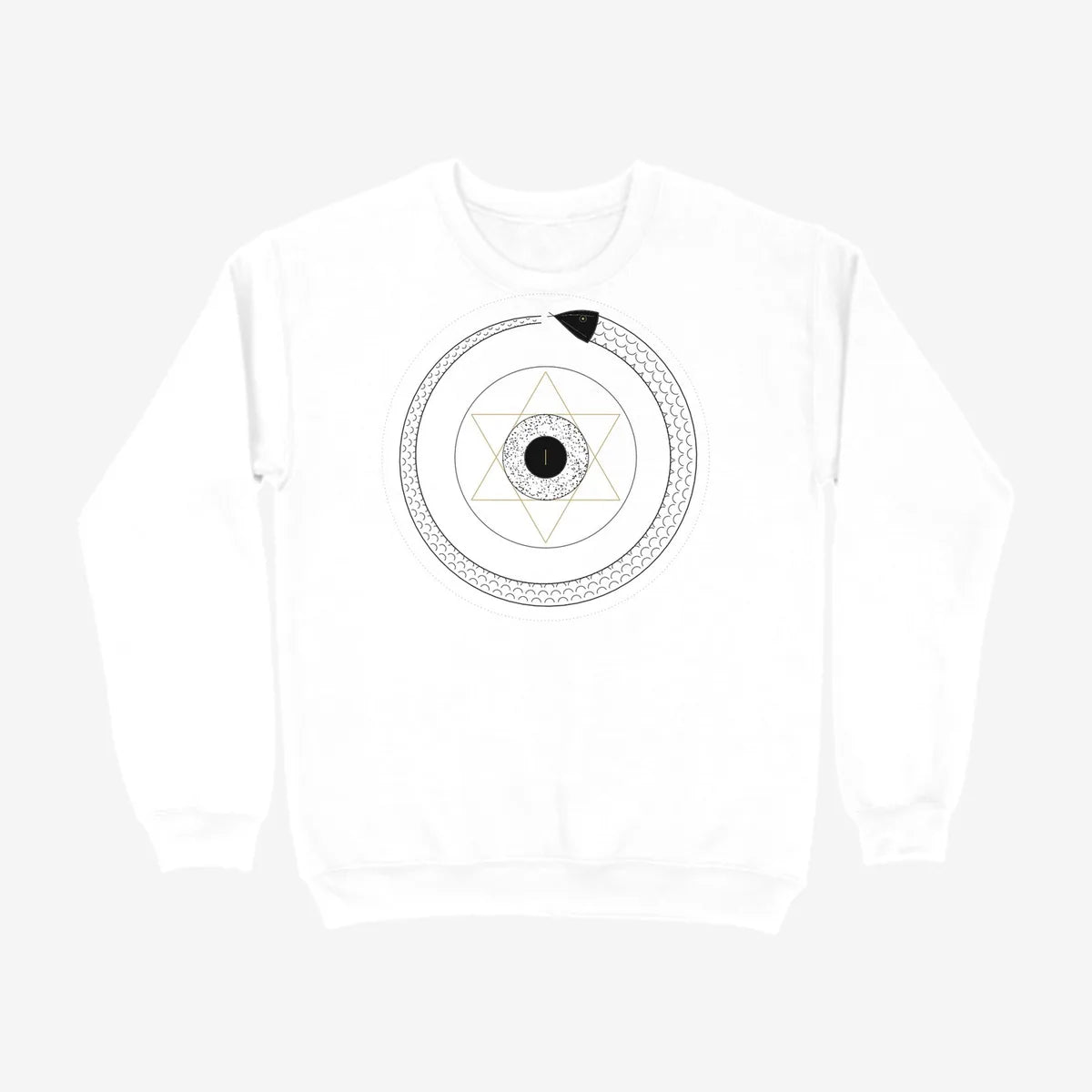 Oztra Ouroboros white sweatshirt, front view showing the Ouroboros print
