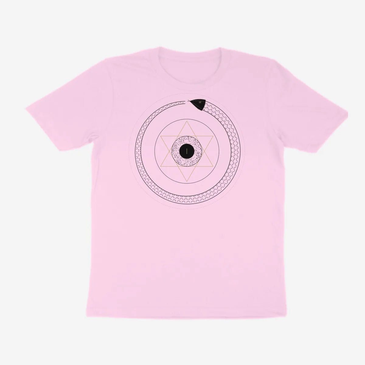 Oztra Ouroboros baby pink tee, front view showing the Ouroboros print