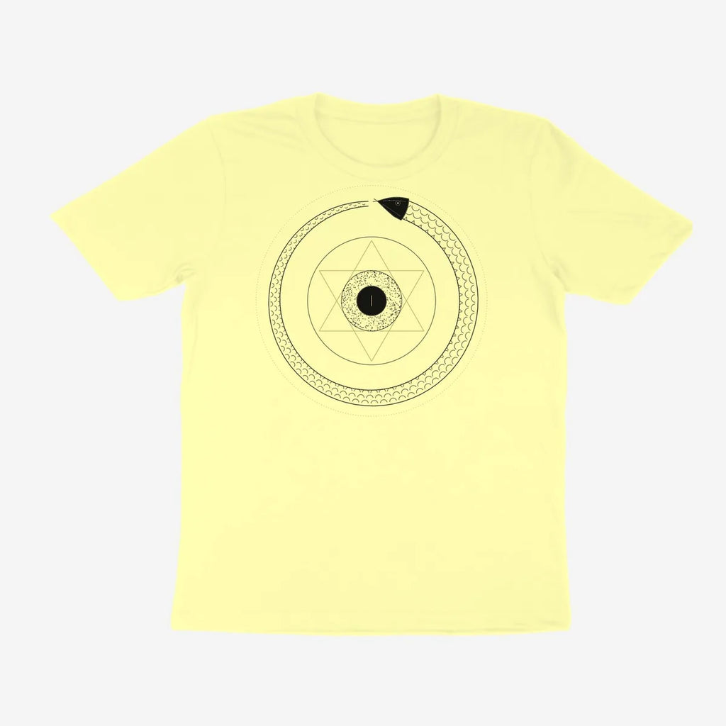 Oztra Ouroboros butter yellow tee, front view showing the Ouroboros print